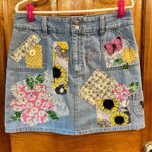 Sonoma Denim Skirt / Shorts Upcycled  Size 12 Floral Patchwork  OOAK  Boho Chic